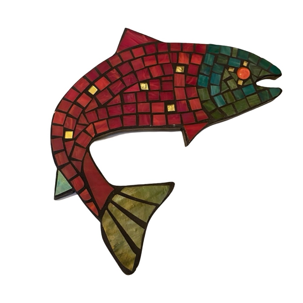 Glass Mosaic Alaskan Salmon Fish Wall Art - Red and Green